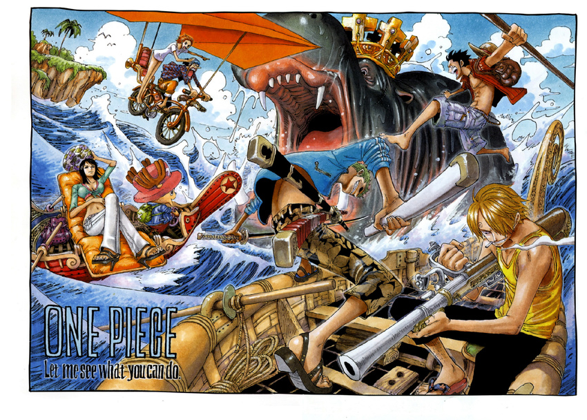 2005 2girls 5boys bicycle bike boat border copyright_name cover cover_page crown english gun hat highres hippo hippopotamus monkey_d_luffy multiple_boys multiple_girls nami nami_(one_piece) nico_robin ocean oda_eiichirou official_art one_piece reindeer roronoa_zoro sanji straw_hat sword title_drop tony_tony_chopper usopp weapon