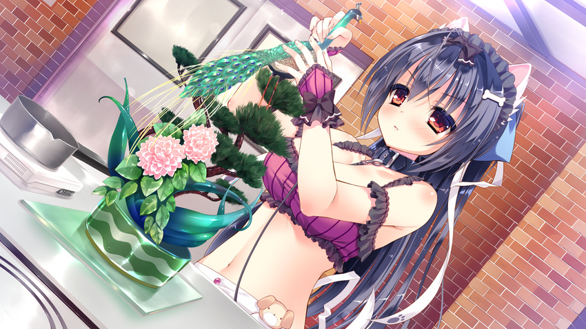 animal_ears black_hair breasts cleavage female game_cg highres indoors inuyama_michiyo long_hair medium_breasts navel purple_eyes rubi-sama solo wan_nyan_a_la_mode!