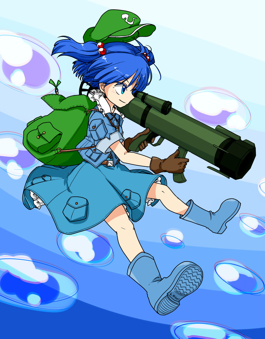 backpack bag blue_eyes blue_hair blush boots brown_gloves bubble character_name colored_eyelashes commentary_request dress eyelashes female frilled_skirt frills full_body gimicalmas gloves hair_bobbles hair_ornament hat highres kawashiro_nitori key long_sleeves pocket rocket_launcher rubber_boots short_hair short_twintails skirt skirt_set solo touhou twintails two_side_up weapon