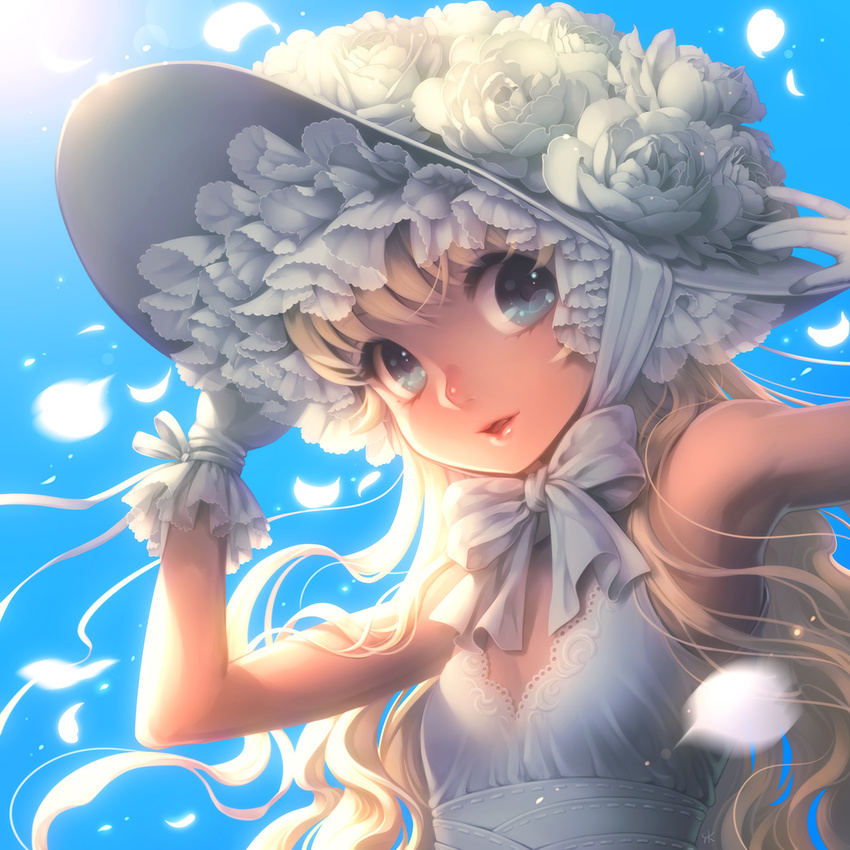 :d armpits bare_shoulders blonde_hair blue_background blue_eyes bow chin_strap commentary_request day falling feathers female flat_chest flower frilled_hat frills gloves hat highres kayu lips long_hair looking_at_viewer open_mouth original parted_lips petals rose sky smile solo upper_body wavy_hair white_flower white_hat white_rose