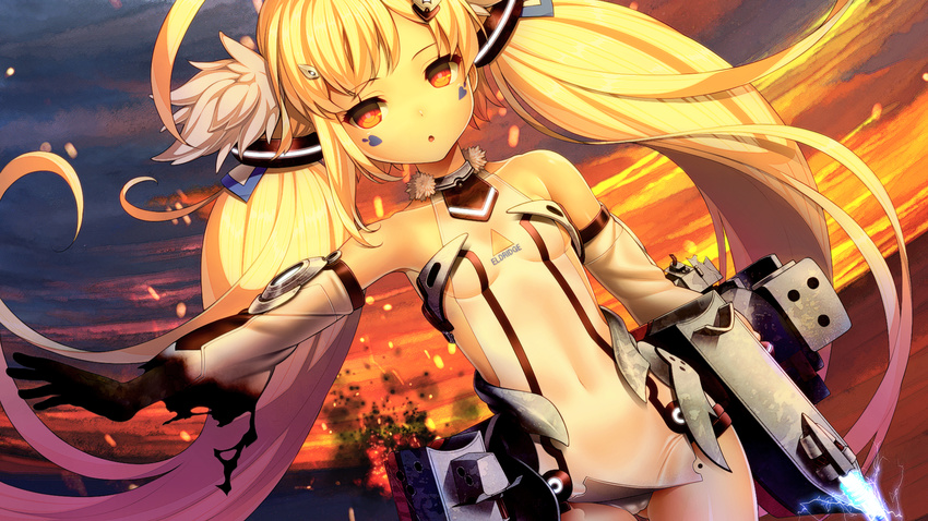 :o ahoge arm_at_side arm_up armpits ass_visible_through_thighs azur_lane bare_shoulders black_gloves blonde_hair blush breasts burnt burnt_clothes cameltoe character_name cleavage_cutout clothes_writing clothing_cutout collarbone commentary_request covered_navel cowboy_shot detached_sleeves dutch_angle eldridge_(azur_lane) electricity explosion facial_mark facial_tattoo female fur_trim gloves gradient_hair gradient_sky hair_ornament hairclip highres horizon long_hair looking_at_viewer machinery mole mole_on_thigh multicolored_hair ocean outdoors outstretched_arm panties parted_lips pink_hair red_eyes revision sideless_outfit sky sleeveless small_breasts solo standing sunset tattoo triangle_cutout twilight twintails underwear very_long_hair white_panties yagitori