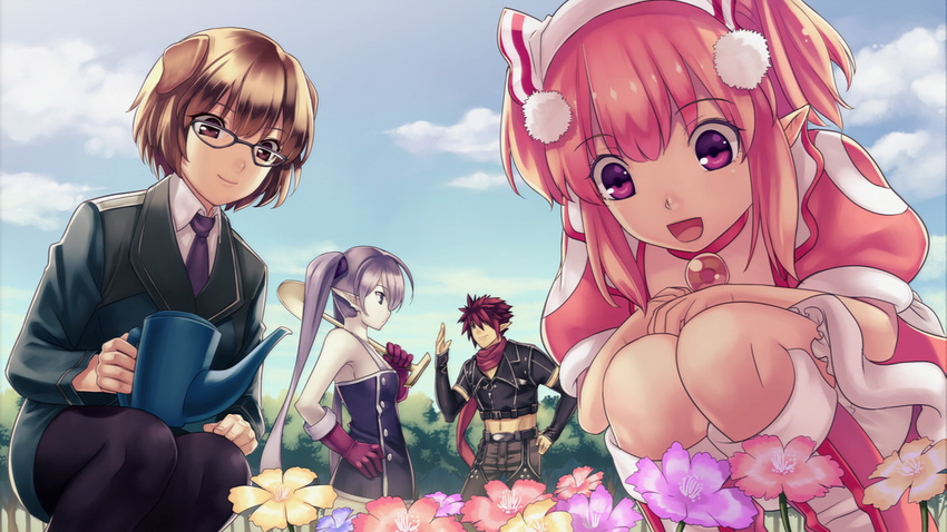 1boy 3girls agarest_senki_(series) agarest_senki_2 animal_ears boots brown_eyes brown_hair elf game_cg glasses gloves headdress hirano_katsuyuki ingrit_(agarest_senki) jude_(agarest_senki) long_hair long_sleeves mervina_(agarest_senki) multiple_girls necktie open_mouth pointy_ears pricilla_(agarest_senki) red_eyes short_hair shovel smile squatting twintails