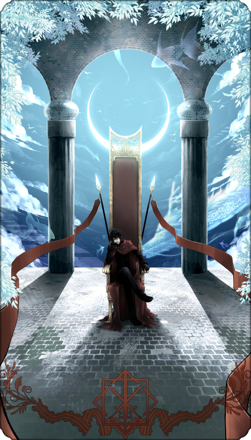 1boy absurdres arch azuma_yuuki black_hair column commentary_request crescent_moon highres lucas_(pixiv_fantasia) male_focus md5_mismatch moon photoshop_(medium) pillar pixiv_fantasia pixiv_fantasia_5 polearm scenery sitting solo spear throne weapon