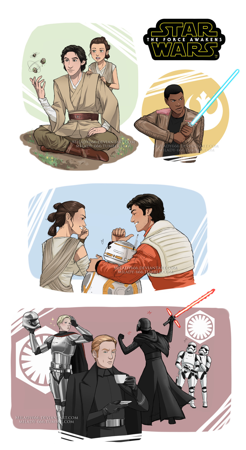 2girls 6+boys absurdres aged_down alternate_universe anger_vein angry antennae armor bb-8 belt ben_solo black_eyes black_hair blonde_hair blue_eyes blue_lightsaber boots brown_eyes brown_hair cape captain_phasma cloak coat coffee commentary_request crossguard_lightsaber dark_skin droid dual_persona energy_sword energy_weapon finn_(star_wars) first_order floating general_hux gloves green_eyes hair_bun helmet highres holding_lightsaber hood jacket jedi kylo_ren levitation lightsaber logo lolicon looking_at_viewer mask milady666 military military_uniform multiple_boys multiple_girls open_clothes open_jacket orange_hair photoshop_(medium) pilot_suit poe_dameron pose rebel_alliance rebel_pilot red_lightsaber rey_(star_wars) robot scared science_fiction serious sideburns signature sith size_difference sparkle spoilers star_wars star_wars:_the_force_awakens stormtrooper sword tantrum tea telekinesis triple_bun uniform unworn_mask vest watermark weapon web_address