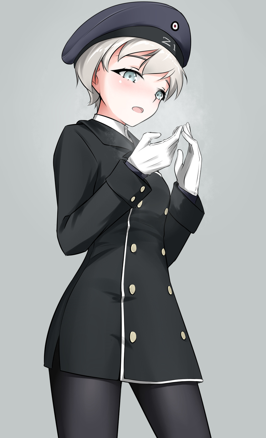 absurdres armedshipyard black_dress black_legwear blue_eyes blue_headwear blush breasts commentary_request dress female gloves grey_background hat highres kantai_collection military military_uniform open_mouth pantyhose short_hair simple_background small_breasts smile uniform white_hair z1_leberecht_maass_(kancolle)