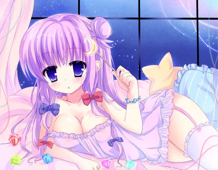 alternate_costume bed blue_eyes bow breasts cleavage commentary_request female garter_straps gem hair_bun hair_ribbon hairbow holding kuze_matsuri long_hair looking_at_viewer lying medium_breasts nightgown patchouli_knowledge pillow purple_hair ribbon single_hair_bun solo touhou wand