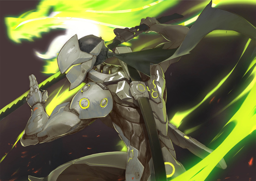 assault_visor bad_id bad_pixiv_id bodysuit cyborg genji_(overwatch) green_visor highres holding holding_sword holding_weapon linger_ftc long_hair ninja overwatch overwatch_1 photoshop_(medium) ponytail solo sword weapon