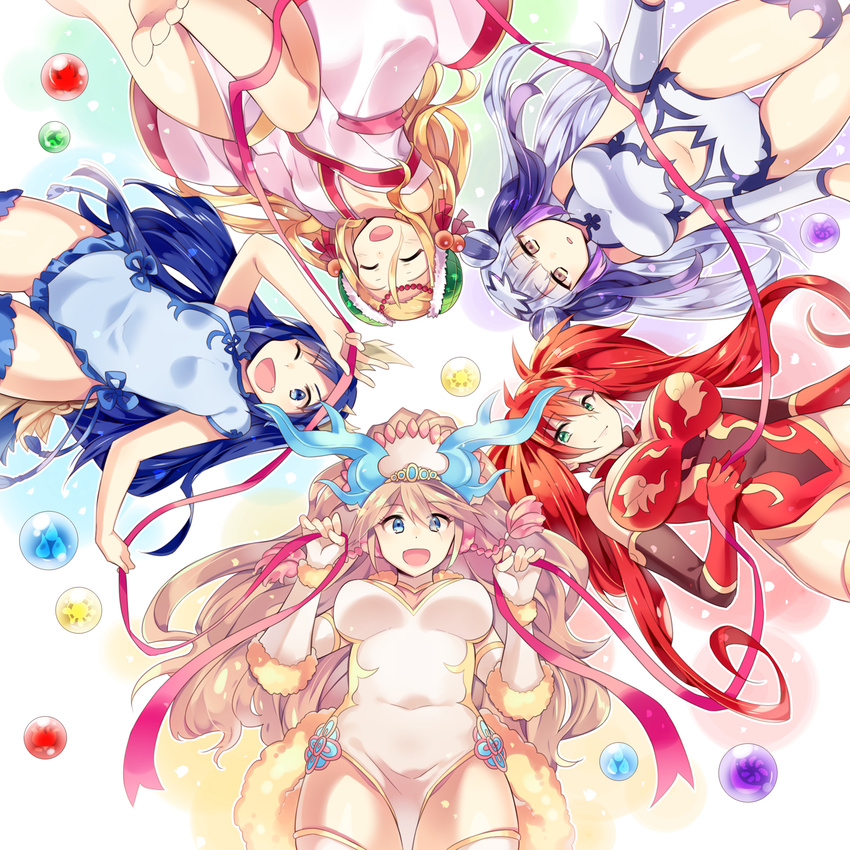 5girls barefoot blonde_hair blue_eyes breasts china_dress chinese_clothes circlet commentary covered_navel double_bun dragon_girl dress elbow_gloves fingerless_gloves from_below gloves green_eyes hair_bun hair_ornament haku_(p&d) highres horns kaki_s karin_(p&d) large_breasts leilan_(p&d) long_hair medium_breasts meimei_(p&d) multicolored_hair multiple_girls navel oerba_yun_fang one_eye_closed open_mouth orb purple_hair puzzle_&_dragons ribbon sakuya_(p&d) silver_hair symbol-only_commentary thighhighs turtle_shell twintails two-tone_hair very_long_hair