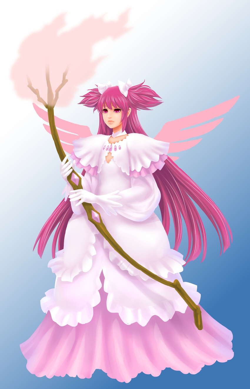 commentary_request creator_connection dress female gradient_background highres kaname_madoka lips long_hair magical_girl mahou_shoujo_madoka_magica mahou_shoujo_madoka_magica_(anime) pink_eyes pink_hair sca_jam solo soul_gem staff thunderbolt_fantasy two_side_up ultimate_madoka urobuchi_gen white_dress wings