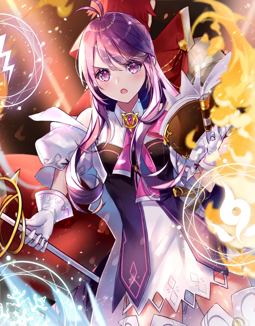 1boy aether_sage_(elsword) ahoge aisha_landar bad_id bad_pixiv_id bare_shoulders collared_dress commentary dress earrings elsword elsword_(character) female fire frills gloves highres ice jacket jewelry knight_emperor_(elsword) lium long_hair over-kneehighs puffy_sleeves purple_eyes purple_hair staff symbol thighhighs tie_clip