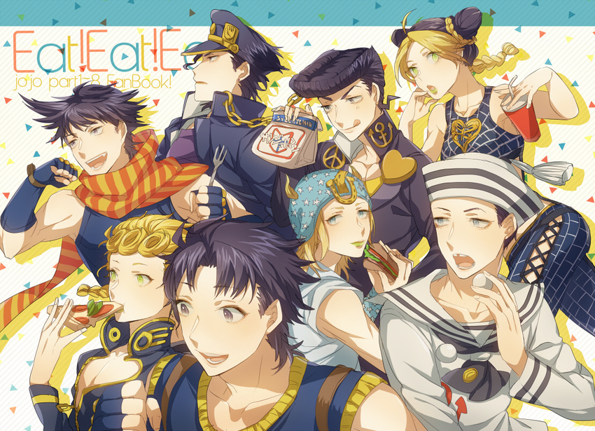 6+boys asuda bad_id bad_pixiv_id battle_tendency black_hair blonde_hair chains diamond_wa_kudakenai dixie_cup_hat eating family female food fork gakuran giorno_giovanna hat higashikata_josuke higashikata_josuke_(jojolion) holding holding_food holding_pizza johnny_joestar jojo_no_kimyou_na_bouken jojolion jonathan_joestar joseph_joestar joseph_joestar_(young) kujo_jolyne kujo_jotaro military_hat multiple_boys phantom_blood pizza sandwich school_uniform soda stardust_crusaders steel_ball_run stone_ocean vento_aureo wagashi