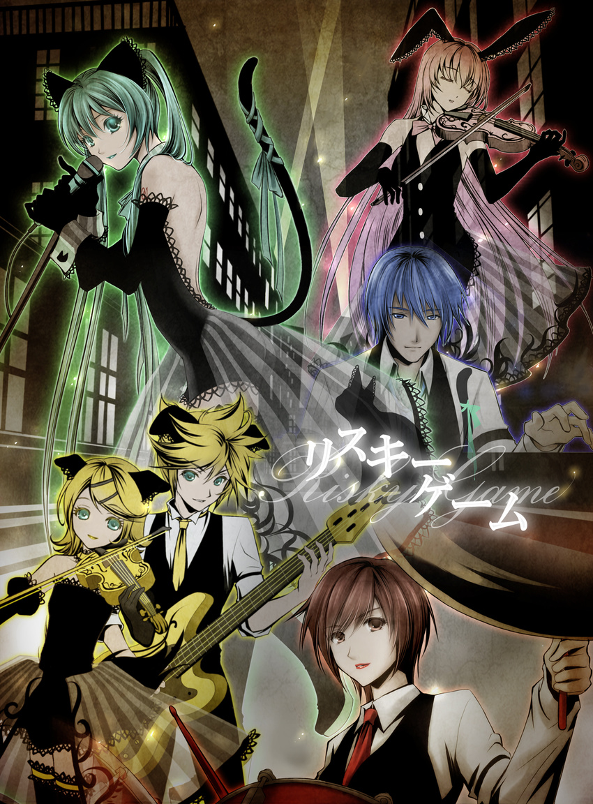 2boys 4girls animal_ears blonde_hair blue_eyes blue_hair brown_eyes brown_hair cat_ears commentary_request dog_ears dress everyone feline formal goth_fashion green_eyes green_hair guitar hatsune_miku highres instrument itto_maru kagamine_len kagamine_rin kaito_(vocaloid) lace lipstick long_hair looking_at_viewer makeup megurine_luka meiko_(vocaloid) microphone multiple_boys multiple_girls necktie pale_skin pink_hair rabbit_ears risky_game_(vocaloid) siblings suit tail tattoo thighhighs twins twintails very_long_hair violin vocaloid