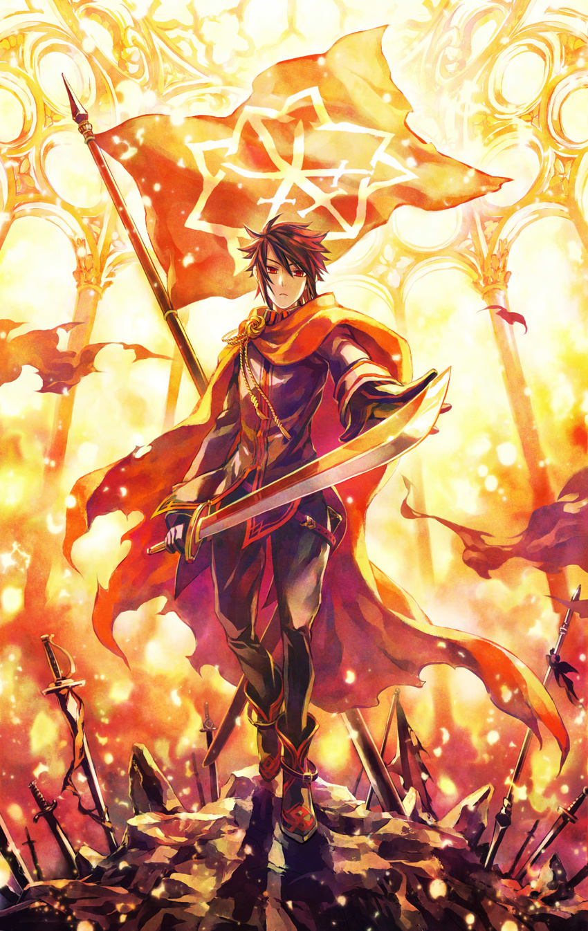 1boy battlefield black_hair boots cape commentary_request fire flag food foreshortening frown fruit highres lucas_(pixiv_fantasia) male_focus minami_seira orange_theme photoshop_(medium) pixiv_fantasia pixiv_fantasia_5 polearm red_eyes solo spear sword trigard_empire weapon