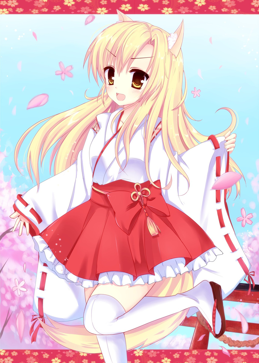 :d animal_ears blonde_hair cherry_blossoms commentary_request female fox_ears fox_tail frilled_skirt frills highres kuze_matsuri lolita_fashion long_hair looking_at_viewer nontraditional_miko open_mouth original ribbon-trimmed_sleeves ribbon_trim skirt smile solo standing standing_on_one_leg tabi tail thighhighs torii wa_lolita white_thighhighs wide_sleeves yellow_eyes zettai_ryouiki