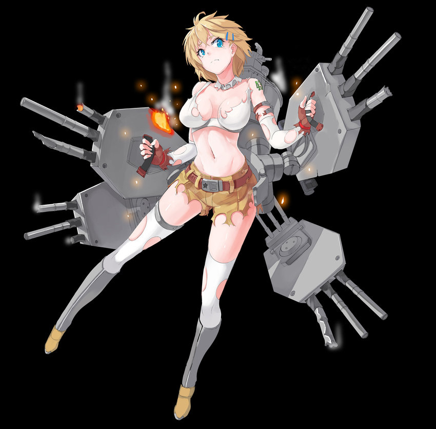 blonde_hair blue_eyes breasts cleavage commentary female fire gloves highres hikari123456 large_breasts navel official_art photoshop_(medium) rigging short_hair shorts simple_background smoke solo tears tennessee_(warship_girls_r) thighhighs torn_clothes torn_gloves torn_shorts torn_thighhighs united_states warship_girls_r