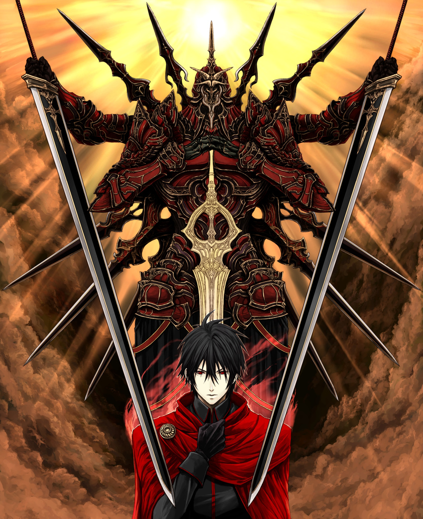 1boy absurdres armor bad_id bad_pixiv_id black_hair cloak cloud gloves highres kooten_bergh_no_youhei lucas_(pixiv_fantasia) male_focus pixiv_fantasia pixiv_fantasia_5 red_eyes solo sun sword weapon