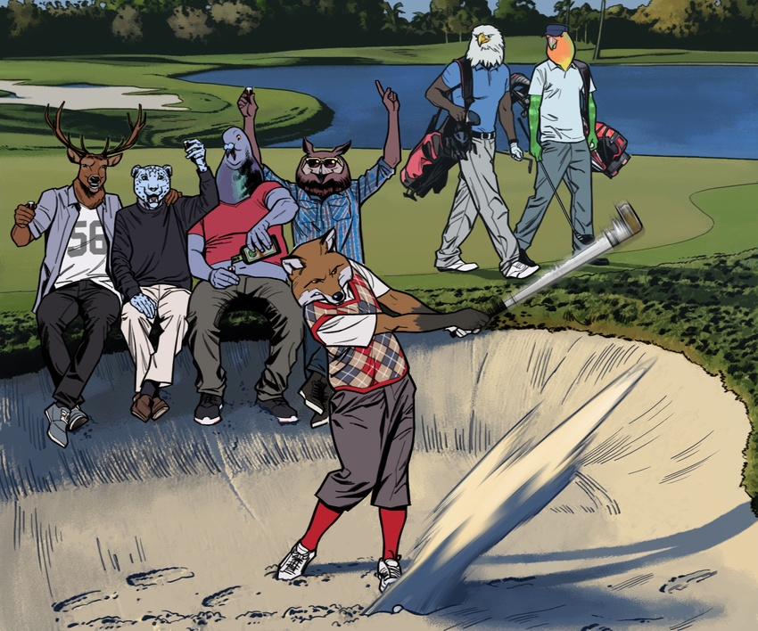 5_fingers 6:5 accipitrid accipitriform alcohol anthro antlers avian bald_eagle beverage billmund bird canid canine cere_(anatomy) clothed clothing columbid common_pigeon creatures_of_the_night deer detailed_background dodger_(creatures_of_the_night) eagle eyewear felid fingers fox gloves_(marking) golf golf_ball golf_club golf_swing group hi_res holding_golf_club holding_object horn jägermeister leopard male mammal markings motion_blur muscular muscular_male night_owl_(creatures_of_the_night) object_swing open_mouth open_smile outside overweight owl pantherine parakeet parrot particles pigeon rock_dove sea_eagle sitting smile snow_leopard snowy_(creatures_of_the_night) sport standing sunglasses the_stag true_parrot walking wingman