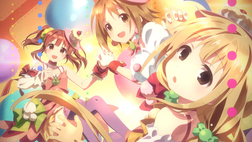 3girls absurdres blonde_hair brown_eyes brown_hair candy_island_(idolmaster) dress futaba_anzu happy highres holding_hands idolmaster idolmaster_cinderella_girls interlocked_fingers long_hair looking_at_viewer mimura_kanako multiple_girls ogata_chieri short_hair sweet2_happy_(idolmaster) thighhighs yuuki_tatsuya