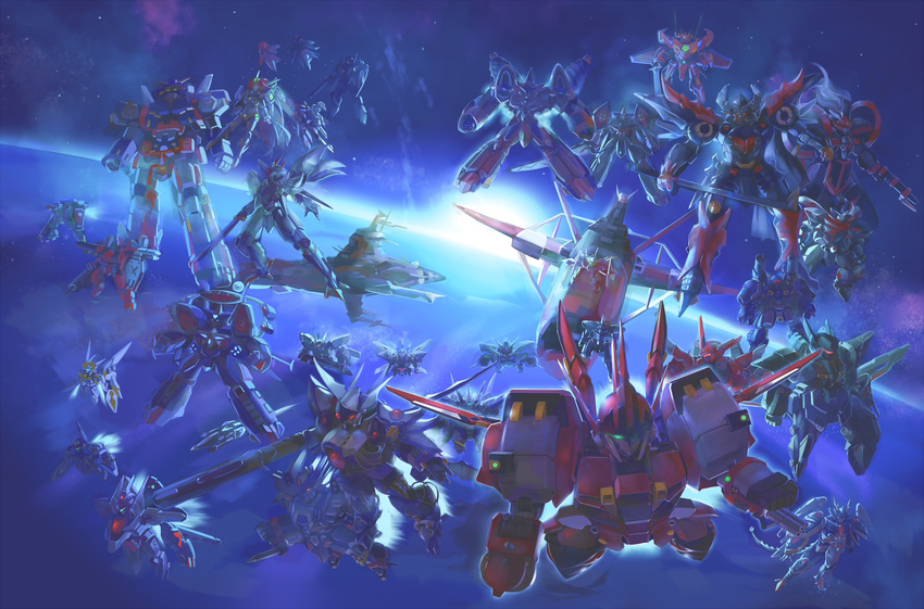 aile_chevalier_(mecha) altairlion alteisen_riese art-1 aussenseiter battle blanche_neige_(mecha) cerberus_(mecha) commentary_request cybuster dygenguar everyone fairlion flickerei_geist flying g_compatible_kaiser gespenst giganscudo_duro glowing glowing_eyes green_eyes grungust_kai grungust_reishiki grungust_sanshiki gun hagane_(super_robot_wars) highres hiryuu_kai_(super_robot_wars) horns mecha no_humans planet raioh randgriz razangriff_raven red_eyes rein_weissritter robot ryukooh siegerlion single_horn soulgain space srx star_(sky) suika01 super_robot_wars super_robot_wars_original_generation sword the_2nd_super_robot_wars_og thrusters valsione_r weapon wildfalken wildraubtier_schnabel wildwurger wings yellow_eyes