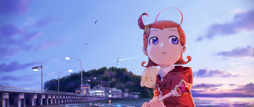 ahoge bird blue_eyes bridge cojibou comet_(comet-san) commentary_request cosmic_baton_girl_comet-san dock dusk enoshima female hair_ornament hood hoodie la_valmot_provone lantern lighthouse ocean outdoors red_hair scenery short_hair sky solo star_(symbol) wand