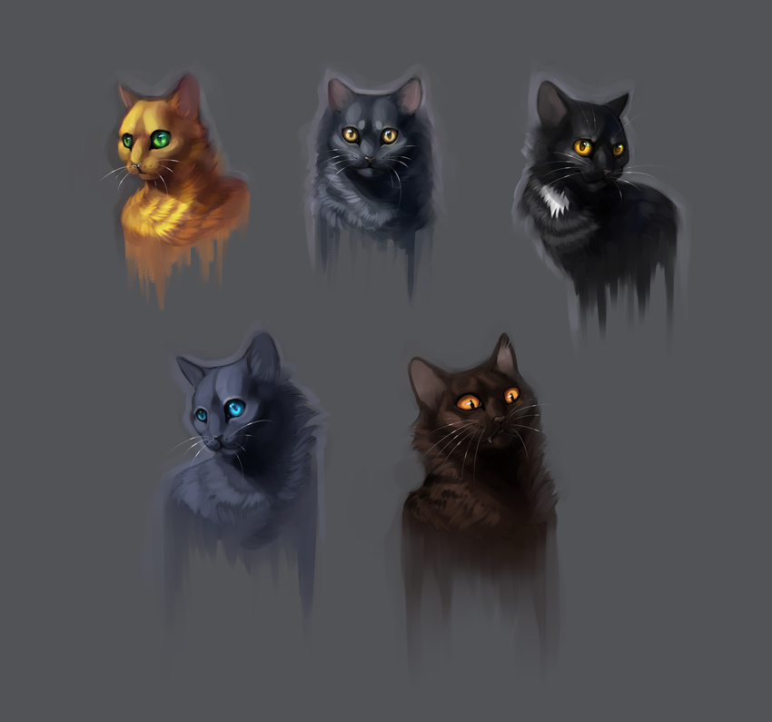 ambiguous_gender anthro bluestar_(warriors) felid female_(lore) feral firestar_(warriors) fur graystripe_(warriors) group happy-cat hi_res male_(lore) mammal ravenpaw_(warriors) simple_background smile tigerstar_(warriors) unavailable_at_source warriors_(book_series) whiskers