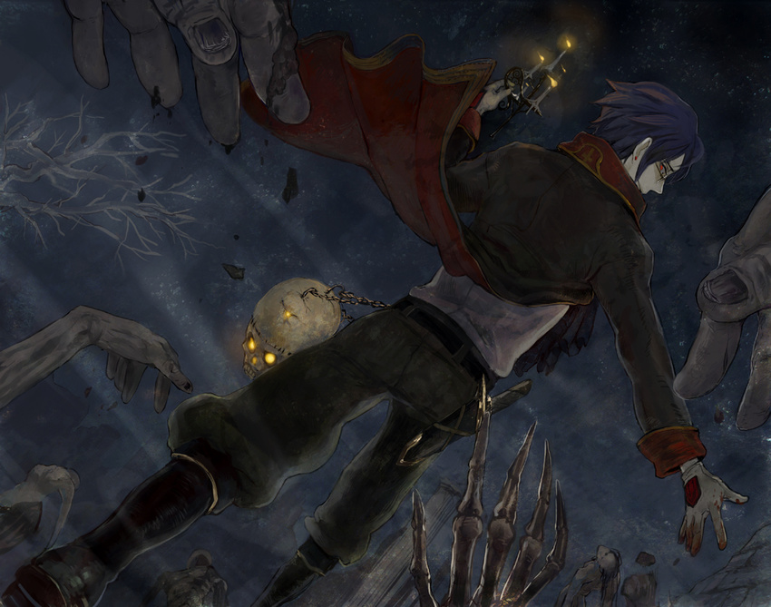 1boy belt blood boots candle chains commentary_request dutch_angle earrings from_behind gloves jewelry knife long_sleeves male_focus pants pixiv_fantasia pixiv_fantasia_4 red_eyes ririnra skeleton skull solo undead zombie