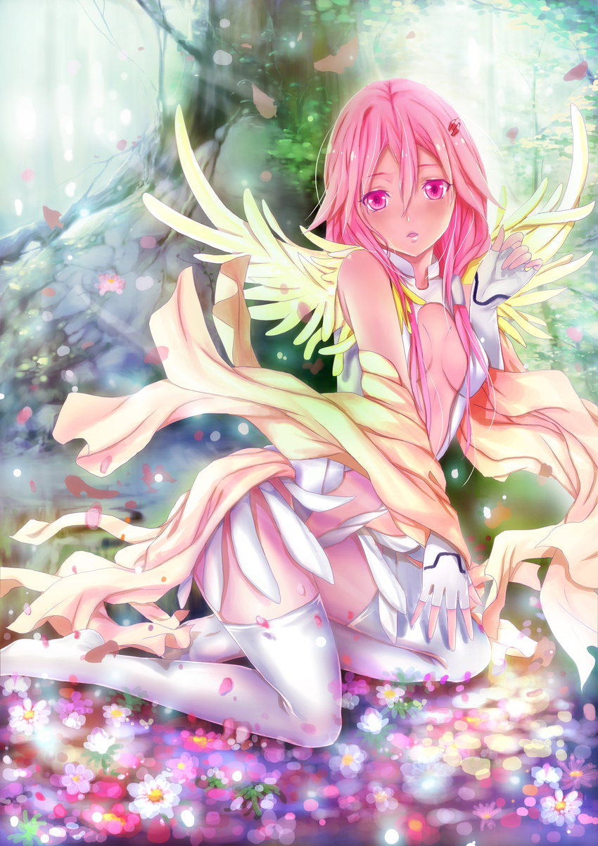 angel_wings fingerless_gloves gloves guilty_crown highres pink_eyes pink_hair solo thighhighs white_legwear wings xiao_seng yuzuriha_inori