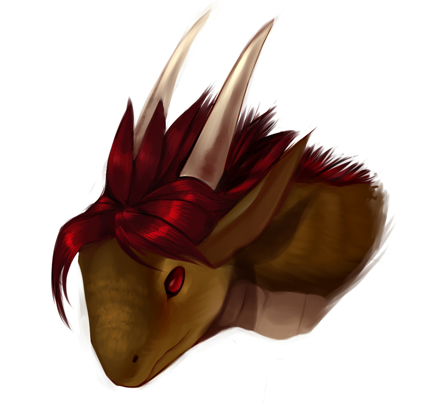 ambiguous_gender brown_body bust_portrait countershading digital_media_(artwork) dragon ears_back feral hair happy-cat horn long_horn mythological_creature mythological_scalie mythology pivoted_ears portrait red_eyes red_hair scalie simple_background solo white_background