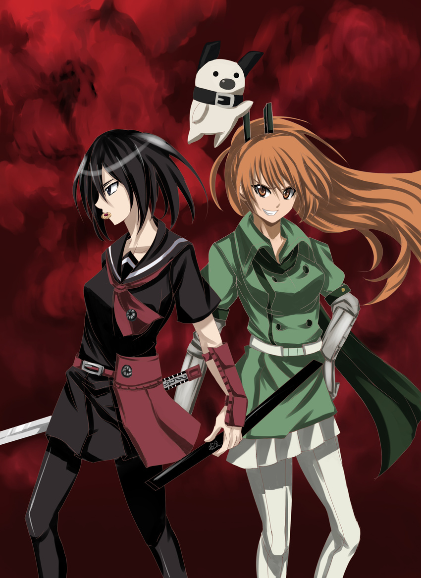 2girls akame_ga_kill! armor black_eyes black_hair brown_eyes brown_hair character_request coro hekatonkheires highres katana koro kurome kurome_(akame_ga_kill!) legs long_hair military military_uniform miniskirt multiple_girls pleated_skirt ponytail school_uniform serafuku seryu seryu_(akame_ga_kill!) seryu_ubiquitous short_hair skirt standing sword uniform very_long_hair weapon