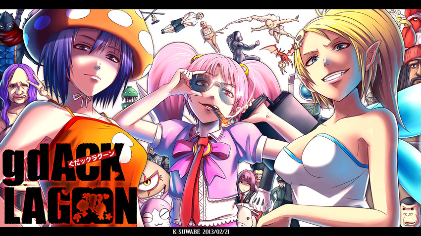 4girls black_lagoon blonde_hair character_request cigar commentary_request gdgd_fairies hair_ornament highres k-suwabe korokoro mochida_fusako multiple_girls mushroom parody pikupiku pink_hair ponytail purple_hair shirushiru skull_hair_ornament smoking style_parody sunglasses twintails