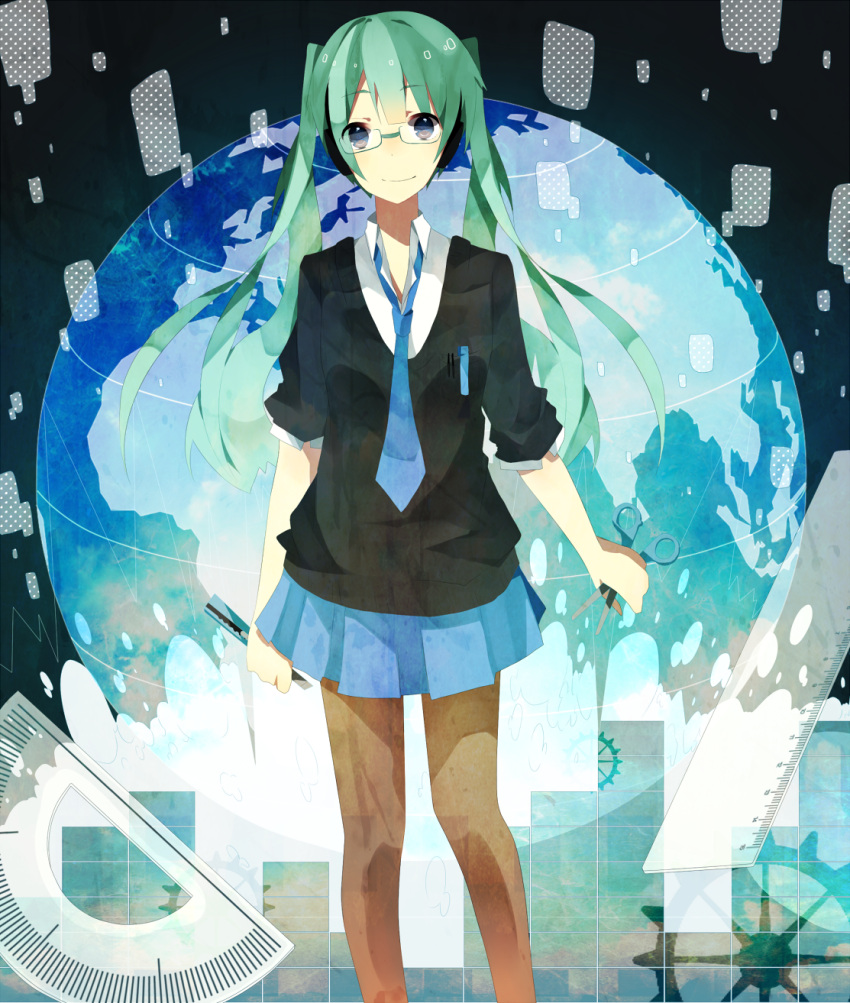 bad_id bad_pixiv_id blue_eyes boxcutter chisumi earth_(planet) female globe green_hair hatsune_miku highres long_hair necktie pantyhose planet protractor razor ruler scissors skirt smile solo twintails vocaloid