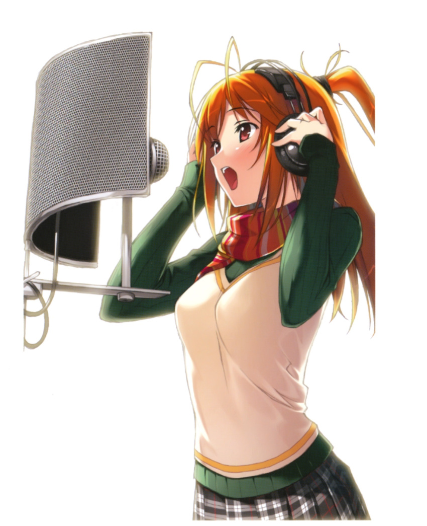 5_nenme_no_houkago headphones kantoku ponytail recording_studio scarf singing skirt sweater_vest tartan white_background