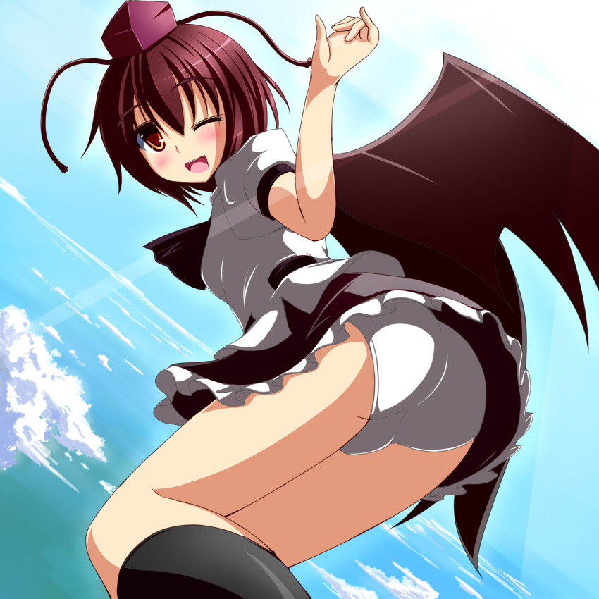 black_wings blush breasts brown_eyes brown_hair commentary_request female hat highres liya looking_at_viewer one_eye_closed open_mouth panties pantyshot shameimaru_aya small_breasts smile solo standing tokin_hat touhou underwear white_panties wings