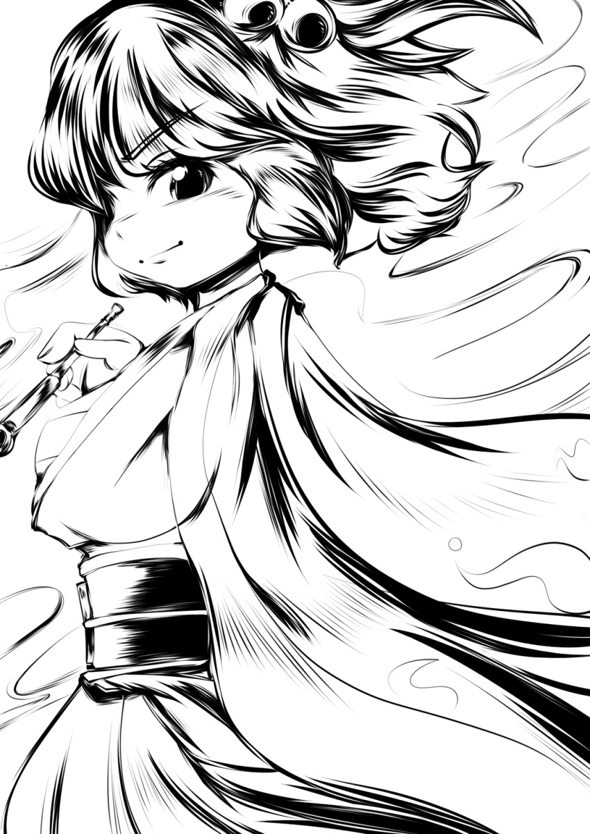 bad_id bad_pixiv_id breasts commentary_request doku_corne female greyscale hair_bobbles hair_ornament hair_over_one_eye highres kiseru large_breasts monochrome onozuka_komachi sarashi short_hair smile smoke smoking_pipe solo touhou two_side_up