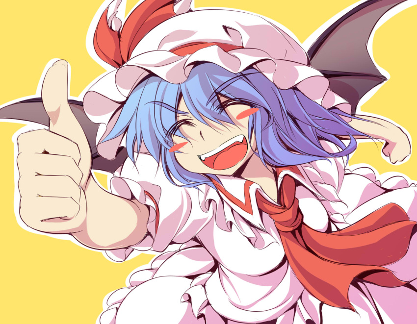 bat_wings blue_hair blush_stickers bow closed_eyes commentary_request fangs female fuyuwa_kotatsu hat hat_bow highres open_mouth remilia_scarlet smile solo thumbs_up touhou wings