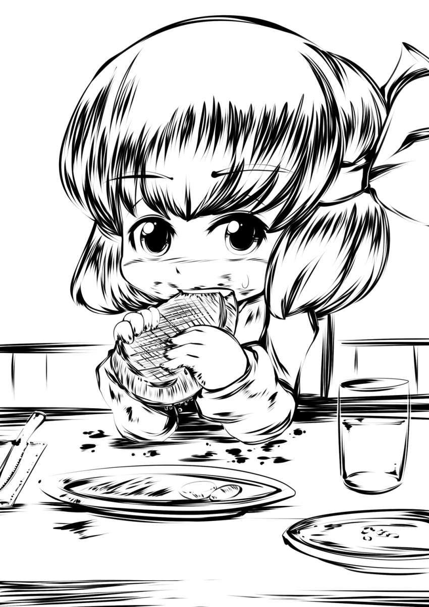 ascot bad_id bad_pixiv_id commentary_request dirty doku_corne eating female food glass greyscale hair_ribbon highres knife monochrome mouth_hold plate ribbon rumia short_hair solo steak sweatdrop teeth touhou