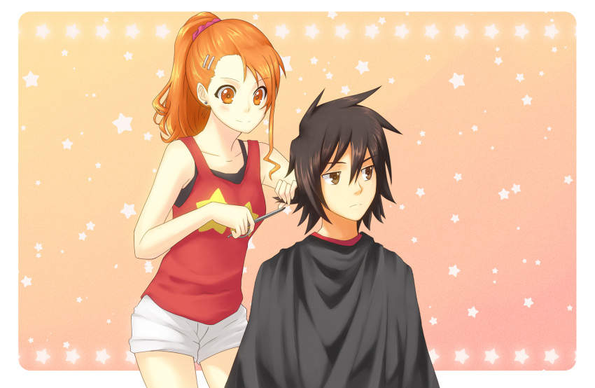 1boy anjou_naruko ano_hi_mita_hana_no_namae_wo_bokutachi_wa_mada_shiranai. asymmetrical_hair black_hair brown_eyes casual commentary_request cutting_hair earrings female hair_between_eyes hair_ornament hairclip highres holding holding_another's_hair jewelry long_hair miraclenight orange_eyes orange_hair photoshop_(medium) ponytail scissors short_hair shorts smile star_(symbol) tank_top yadomi_jinta