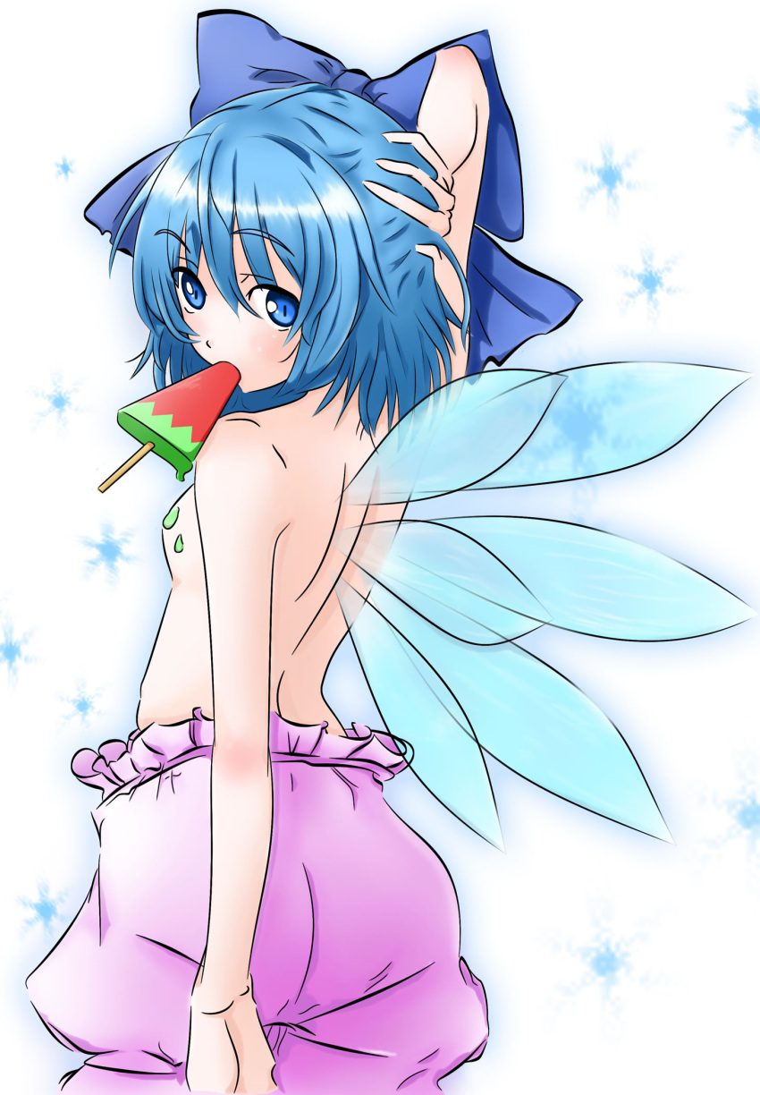 arm_behind_head back bloomers blue_bow blue_eyes blue_hair bow cirno commentary_request female flat_chest food from_behind gpbeta hairbow highres ice_cream looking_at_viewer looking_back partial_commentary short_hair simple_background solo topless touhou underwear underwear_only wings