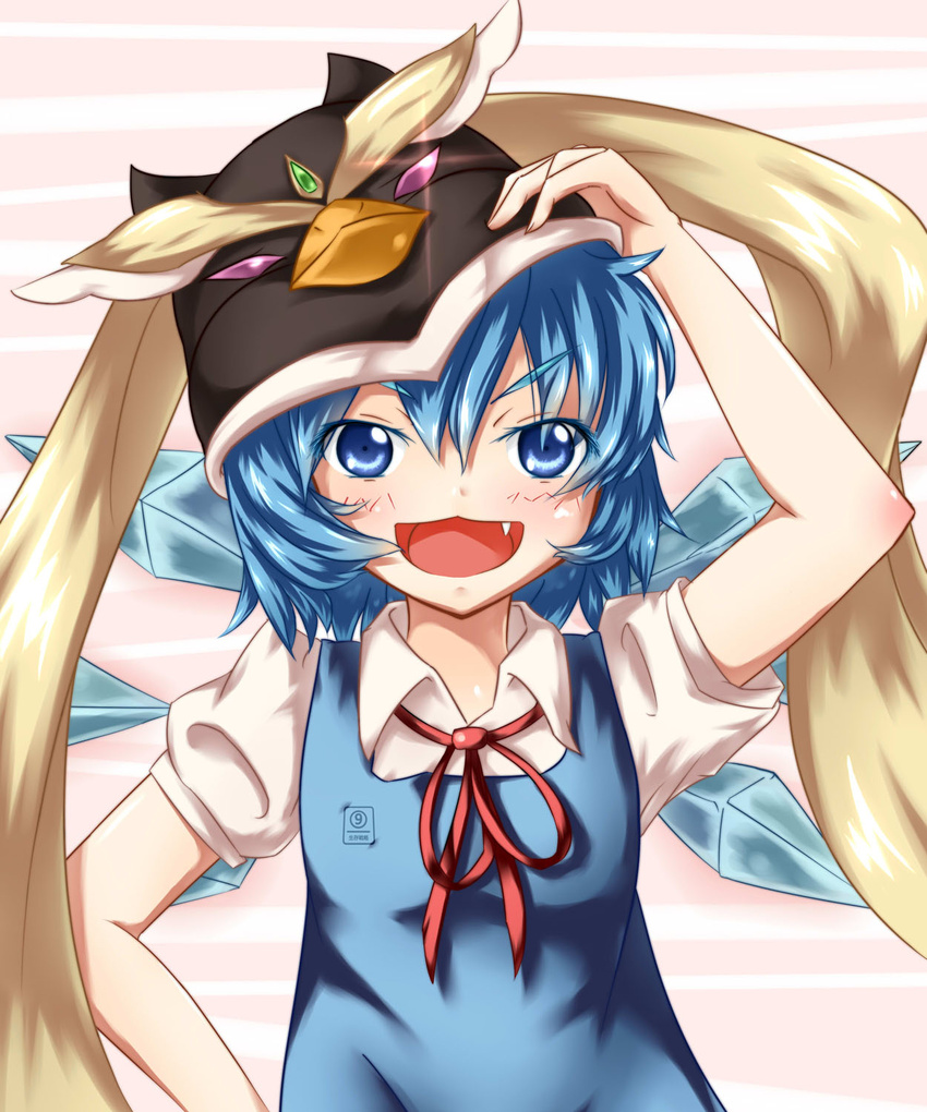 arm_up blue_dress blue_eyes blue_hair bow cirno commentary_request dress female gpbeta hairbow hand_on_own_hip highres ice ice_wings mask mawaru_penguindrum oerba_yun_fang open_mouth photoshop_(medium) ribbon short_hair simple_background solo touhou wings