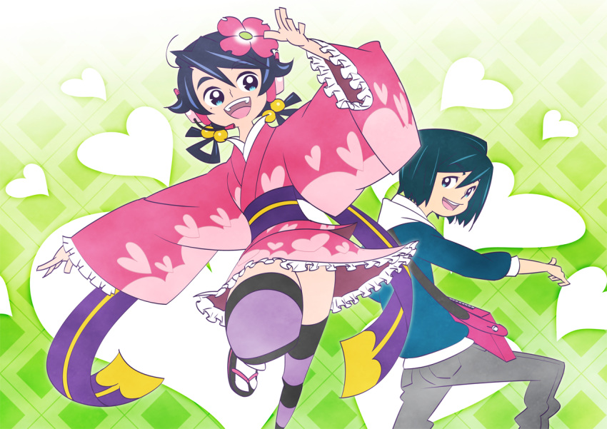 1boy bag black_hair bow commentary_request dogwood_(flower) female flower green_eyes green_hair hair_bobbles hair_flower hair_ornament hair_ribbon hairbow heart heart_print japanese_clothes kimono long_hair looking_back master_(vocaloid) nante_midara_na_sequencer_da_(vocaloid) obi open_mouth ribbon sandals sash short_kimono shoulder_bag striped_clothes striped_thighhighs sunafuki_tabito teeth thighhighs vocaloid vy1 zouri