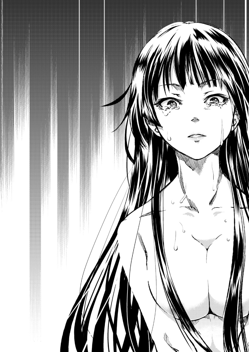 breasts censored commentary_request convenient_censoring copyright_request female greyscale highres large_breasts long_hair looking_at_viewer monochrome nude sakayama_shinta solo tears