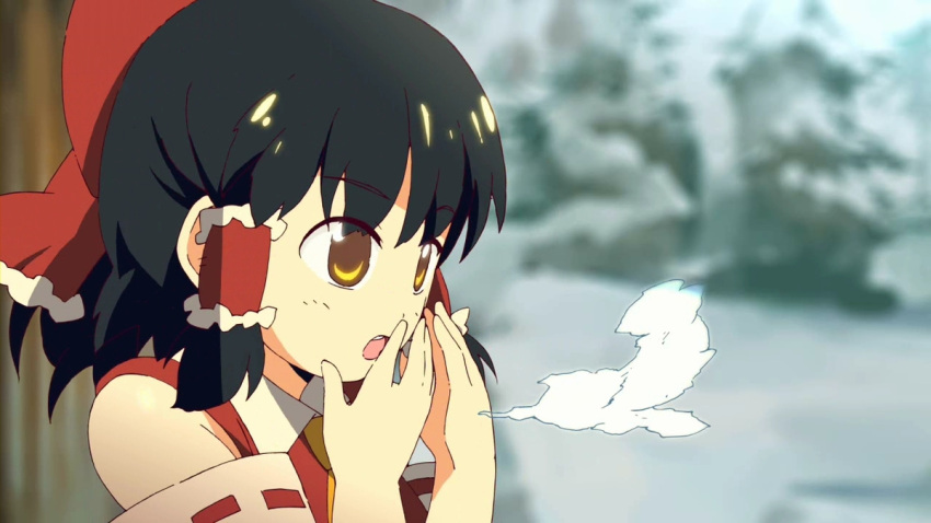 black_hair blouse bow breath brown_eyes detached_sleeves hair_ribbon hairbow hakurei_reimu kitano_yuusuke miko necktie open_mouth ribbon sleeveless sleeveless_blouse sleeveless_shirt snow touhou winter