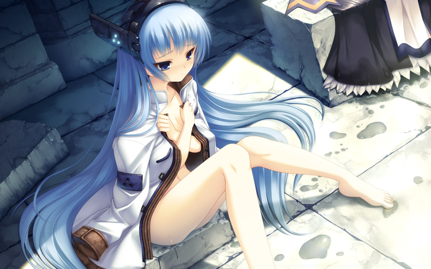 barefoot blue_eyes blue_hair crossed_arms female game_cg hitomaru long_hair seirei_tenshou solo wet