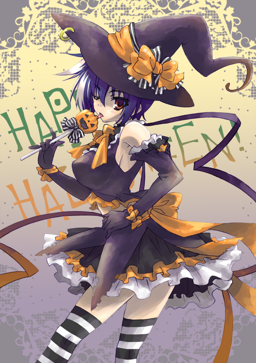 blue_hair bows breasts brown_eyes gien gloves halloween jack-o'-lantern jack_o_lantern koihime_musou large_breasts multicolor_hair oppai orange pumpkin shoulder_gloves stockings sucker thighhighs witch