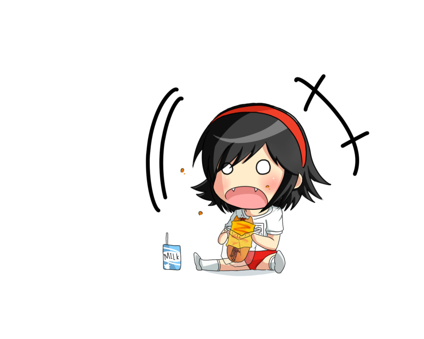 :o black_hair blush bread buruma chibi commentary_request eating fangs female food gym_uniform hair_ornament hairband kami_nomi_zo_shiru_sekai l13 milk_carton o_o open_mouth outstretched_leg sandwich short_hair simple_background sitting solo takahara_ayumi white_background white_legwear yakisoba yakisobapan