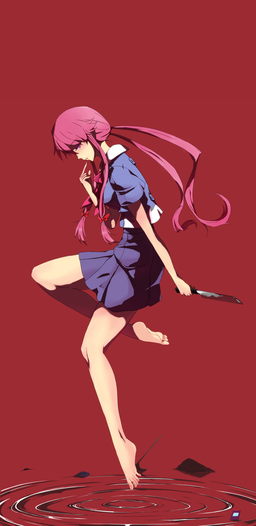 bad_id bad_pixiv_id barefoot blush commentary_request feet female finger_to_mouth full_body gasai_yuno hands highres knife kon_(kdash) mirai_nikki photoshop_(medium) pink_eyes pink_hair red_background ripples school_uniform serafuku simple_background skirt solo