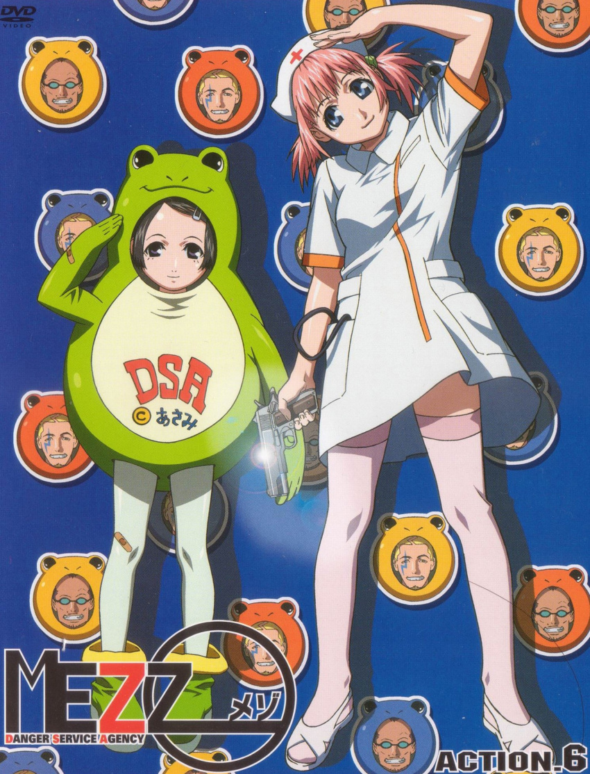 2girls animal_costume asami_igarashi bandaid bandaid_on_clothes bandaid_on_knee bandaid_on_leg beard black_hair blonde_hair blue_eyes copyright_name costume cover dvd_cover facial_hair frog_costume glasses grey_eyes gun hair_ornament hairclip handgun harada_tomohisa hat highres kurokawa_ken'ichi legs looking_at_viewer mezzo_danger_service_agency multiple_girls nurse nurse_cap official_art pantyhose pink_hair salute shiny short_hair standing suzuki_mikura tattoo text_focus thighhighs twintails umetsu_yasuomi weapon