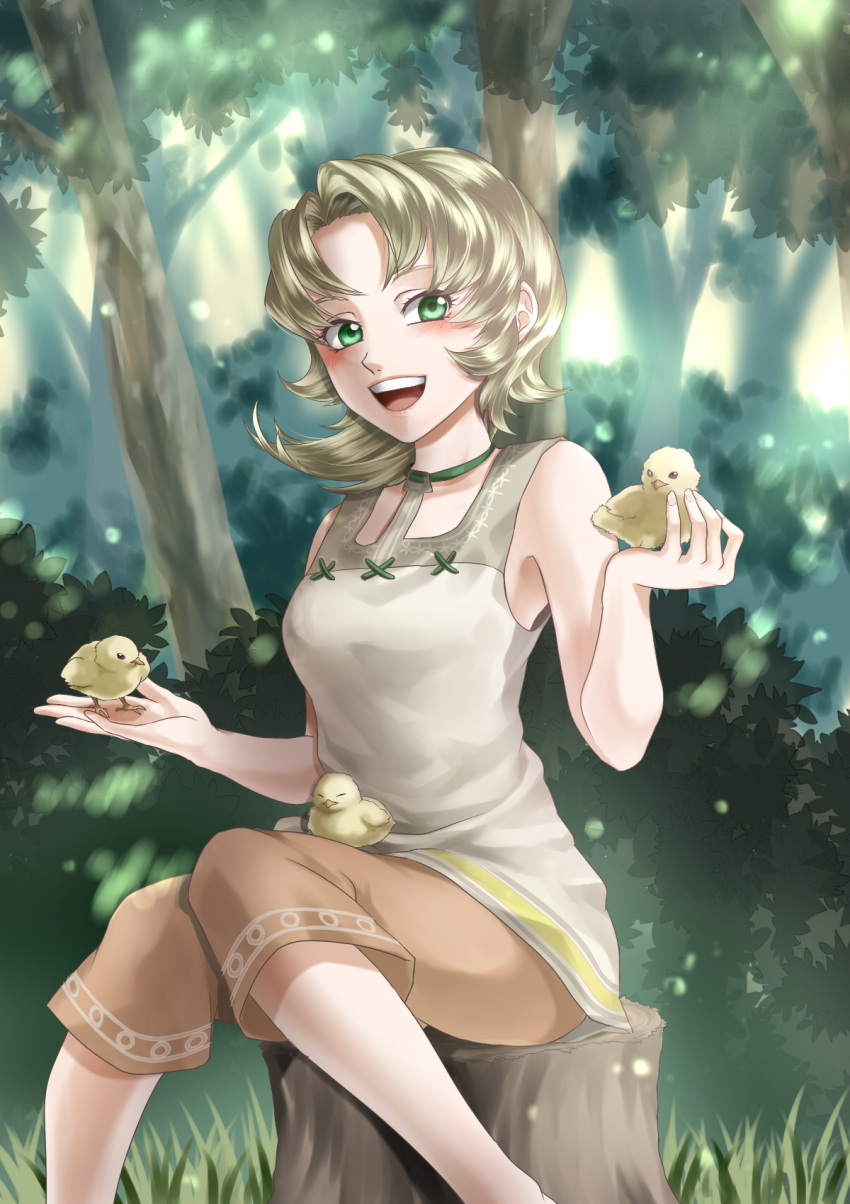 :d bad_id bad_pixiv_id barefoot bird bird_on_hand blonde_hair blush capri_pants chick female forest green_eyes highres ilia_(zelda) nature open_mouth outdoors pants short_hair sitting sitting_on_tree_stump smile solo the_legend_of_zelda the_legend_of_zelda:_twilight_princess tree tree_stump wasabi_(legemd)