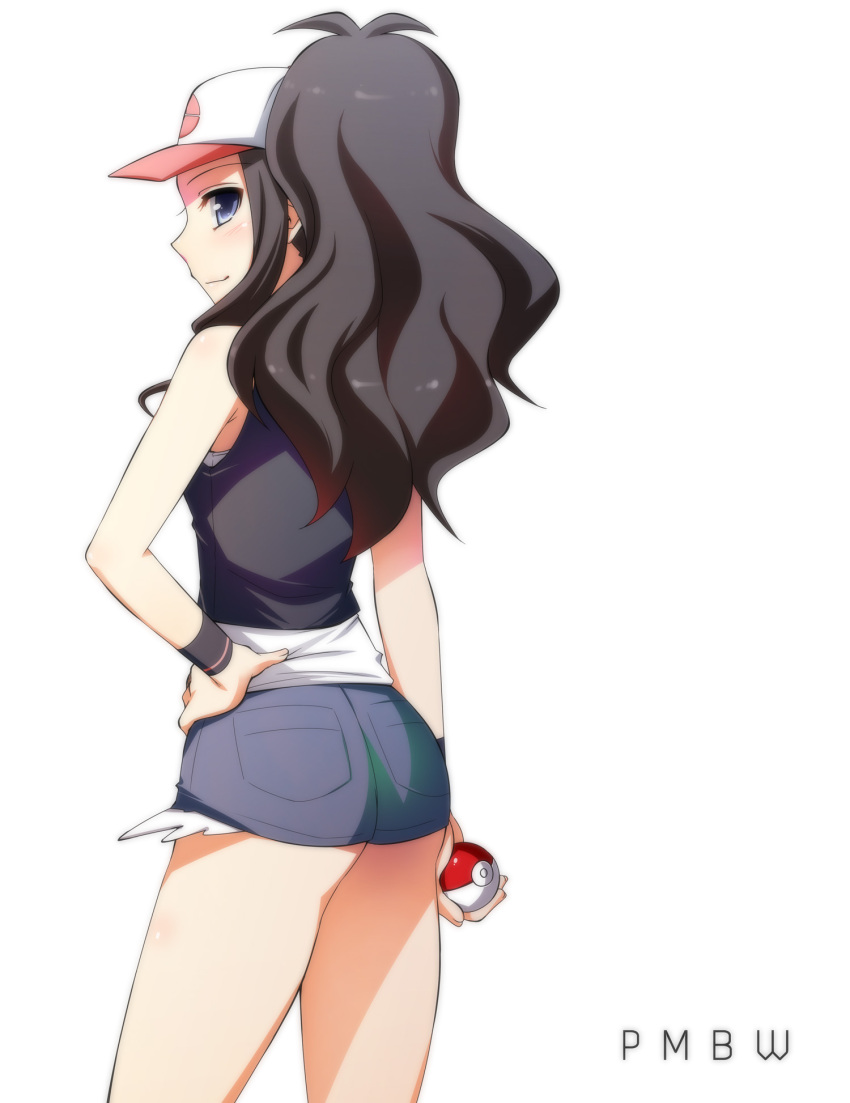 back baseball_cap black_hair blue_eyes hand_on_hip hat hazuki_(etcxetc) legs looking_back pokeball pokemon pokemon_(game) pokemon_black_and_white short_shorts shorts tank_top touko wristband