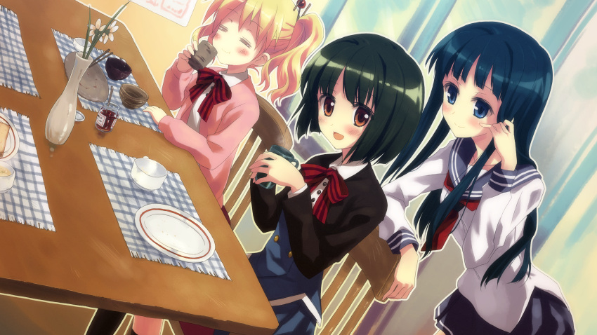 3girls :d :t =_= absurdres alice_cartelet black_hair blonde_hair blue_eyes blue_hair blush bob_cut brown_eyes chair cup highres kin-iro_mosaic moegi_high_school_uniform multiple_girls oomiya_isami oomiya_shinobu open_mouth plate scan school_uniform serafuku short_hair sitting smile table twintails vase yuuki_tatsuya